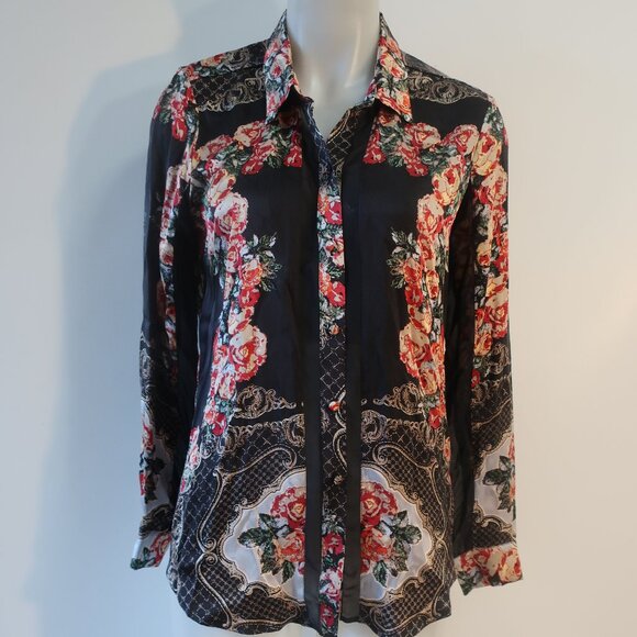 Womens Hale Bob Black-Multi Floral Silk/Spandex Button Down Blouse S - Picture 1 of 6